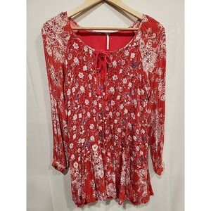 FREE PEOPLE Lucky Loosey Mini Dress Blood Orange Combo Boho Size XS Oversized